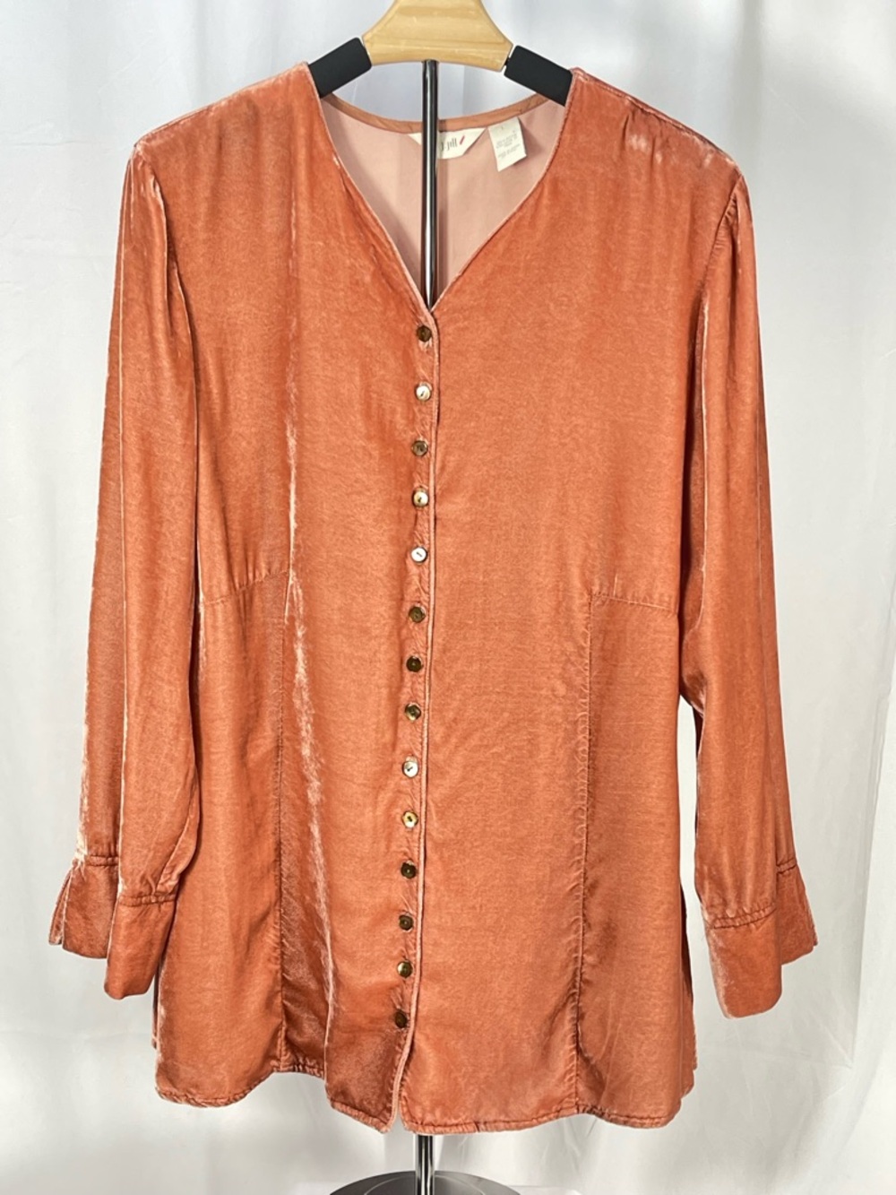 J. Jill Peach Copper-Tone Velvet like Button-Down Boho Flowy Festival Blouse.